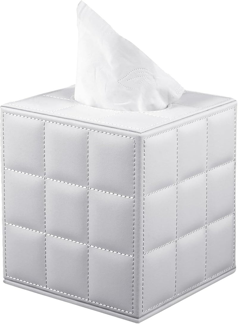 XNONE Tissue Box Cover Square Tissue Box Holder PU Leather Facial Organizer with Magnetic Bottom,Decorative Napkin Caddy for Vanity Dresser Night Stand Table Countertop Home Office Car,White - Image 1